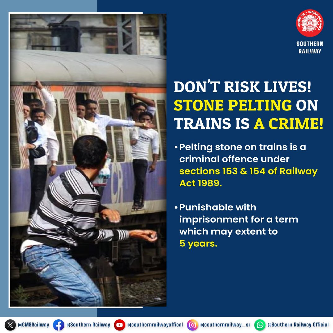 Stone pelting on trains: a reckless act that threatens lives, disrupts travel.'

Stone pelting is a criminal offense under Sections 153 & 154 of the Railway Act, 1989. Punishable by imprisonment up to 5 years.
#southernrailways 

@GMSRailway @RailMinIndia