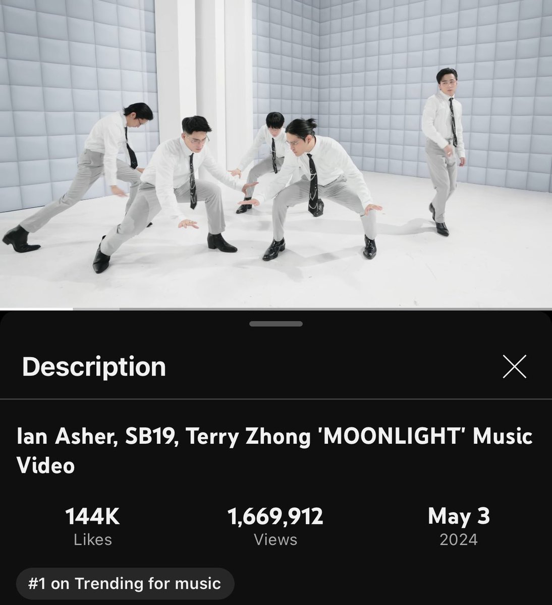 OMG! ‘MOONLIGHT’ MV by Ian Asher, SB19 and Terry Zhong is now at no.1 under music category on YouTube! We did it! 😭

#SB19 #MOONLIGHT
#MOONLIGHT_Top1YTTrending