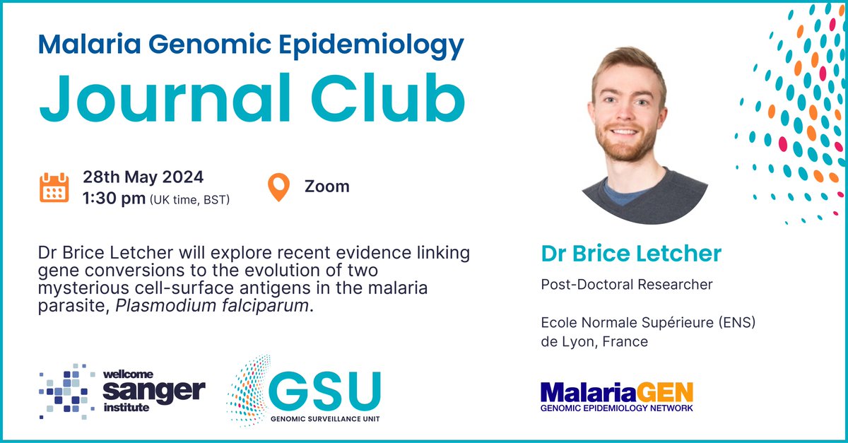 MalariaGEN (@malariagenomics) on Twitter photo We're excited to bring you the 2nd Journal Club of the month with Dr Brice Letcher! <a href="/bricoletc/">Brice Letcher</a>
He will explore how diverged lineages evolved in two cell-surface antigens of P. falciparum, adding important context to how malaria parasites evolve and spread sanger.zoom.us/webinar/regist… We're excited to bring you the 2nd Journal Club of the month with Dr Brice Letcher! <a href="/bricoletc/">Brice Letcher</a>
He will explore how diverged lineages evolved in two cell-surface antigens of P. falciparum, adding important context to how malaria parasites evolve and spread sanger.zoom.us/webinar/regist…