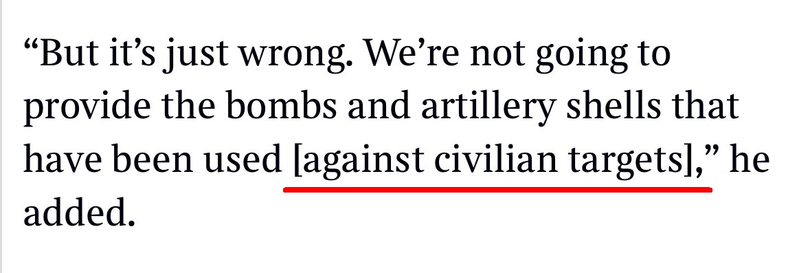 While President Biden said civilians had been 'killed as a consequence of' US bombs supplied to Israel, he did not accuse Israel of deliberately targeting civilians. The addition of '[against civilian targets]' by @thetimes is blatant editorializing. thetimes.co.uk/article/joe-bi…
