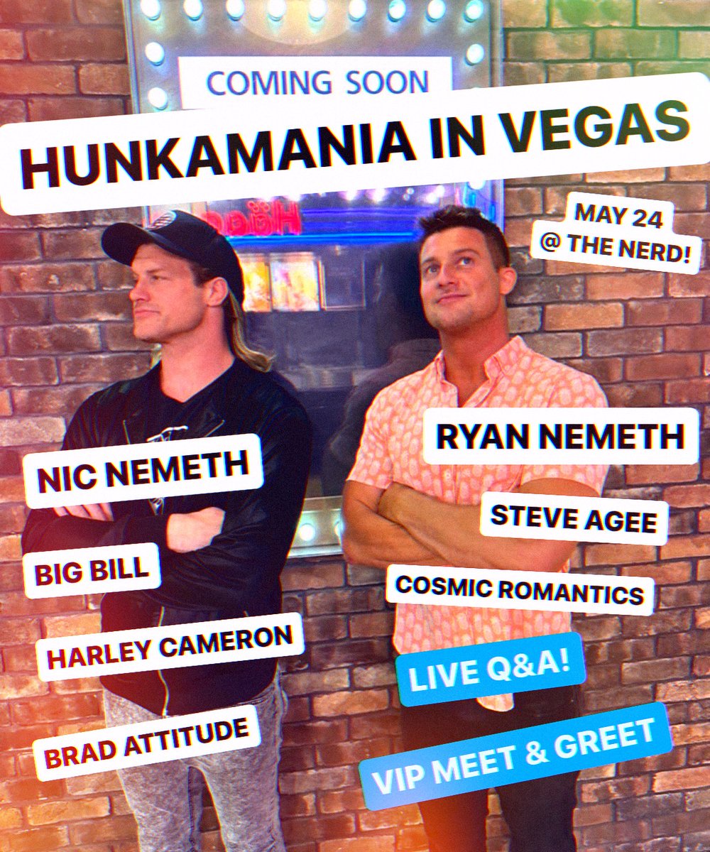 Unreal line-up for HUNKAMANIA in VEGAS: • Nic & Ryan Nemeth • Steve Agee (Peacemaker, Suicide Squad) • Big Bill (AEW) • Harley Cameron (AEW) • Brad Attitude • The Cosmic Romantics eventbrite.com/e/nemeth-bros-…