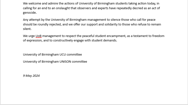 Statement from @BirminghamUCU and @BhamUniUnison on the University of Birmingham Encampment for Palestine We urge the Uni management to respect the peaceful student encampment and to constructively engage with the student demands. Follow here: x.com/bhamliberated