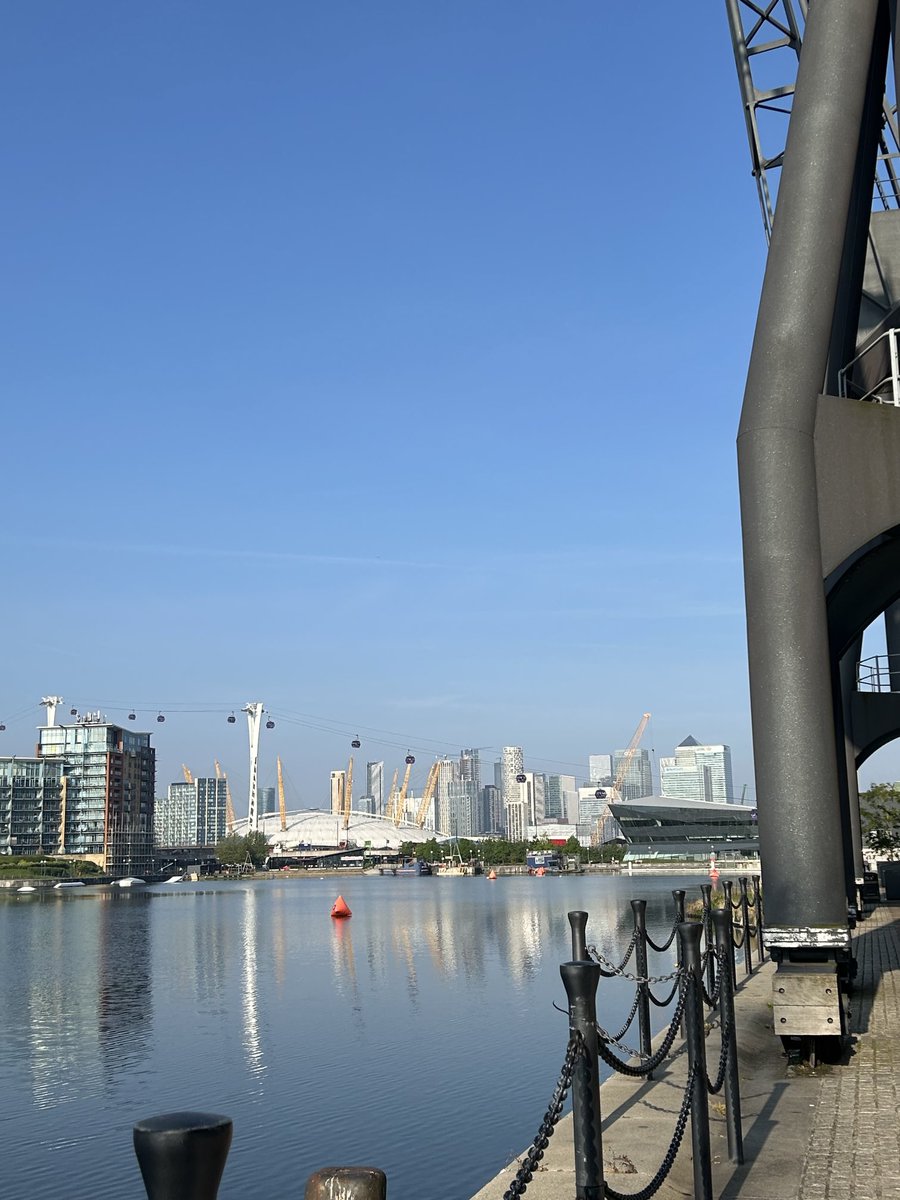 Iconic view of O2, Canary Wharf from the Excel Marina on a fresh May blue sky morning!