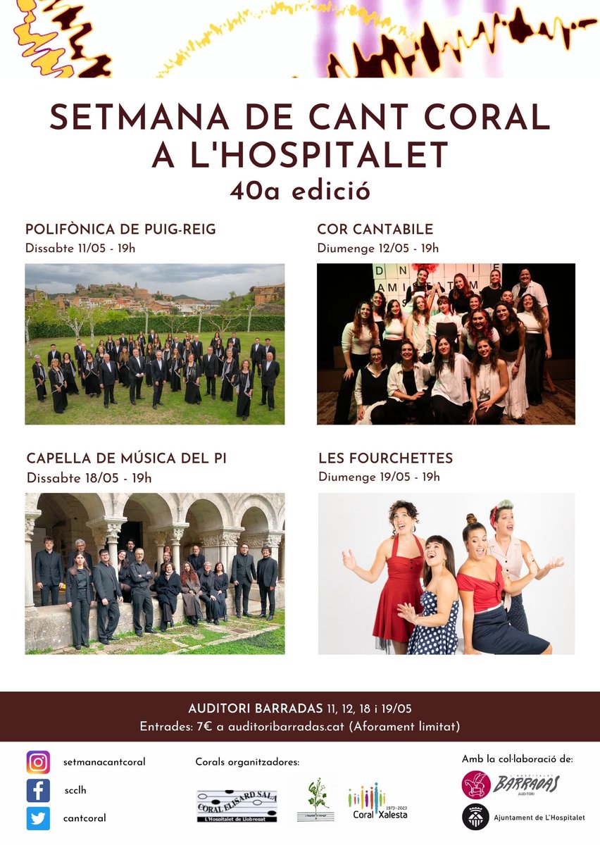 Tot a punt per la Setmana de <a href="/cantcoral/">Setmana de Cant Coral a l'Hospitalet</a> 😃

Aquest cap de setmana comencem amb energia la 40a edició 🥁🔝🎶

Repertori variat cantat per grups corals ben diversos, per descobrir i/o redescobrir-los a <a href="/elBarradas/">Auditori Barradas</a> !

Us hi esperem 🙌 

#culturalh #40anys #aniversari #concerts