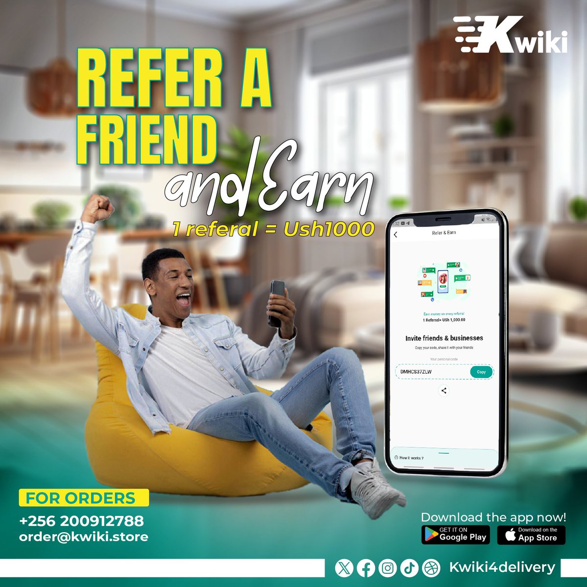 Share the love of fast and convenient delivery! Refer a friend to Kwik Foods and you'll both earn 1,000 Ugandan shillings.  It's a win-win!

#kwikidelivery #kwiki #opennow #alwaysontime #doitquickwithkwiki #uganda #food #foodporn #fooddelivery #fastdelivery #itskwiki #fy #FYP