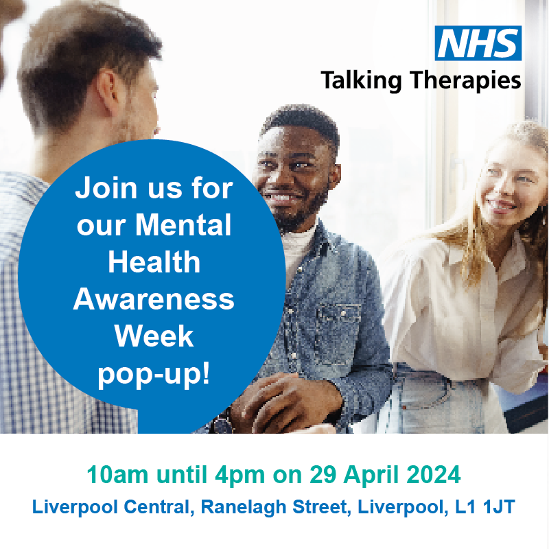 Join us for #MentalHealthAwarenessWeek 🤗

Our @TalkTherapyLiv team will be at Central Library, Liverpool this Monday from 10am for a #MentalHealth pop up event. 

Come along to enjoy fun activities and chat with our team 💙

bit.ly/mhaw-therapies 

#MHAW24 @NHSNW @NHSCandM