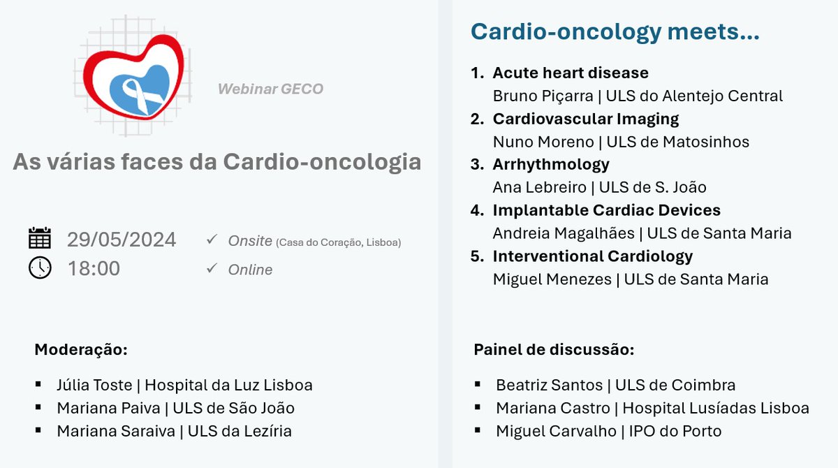 Webinar "As várias faces da Cardio-oncologia"
29/5/2024 | 18h | online &amp; onsite (Casa do Coração, Lisboa)
Inscrições  em 
us06web.zoom.us/webinar/regist…
<a href="/s/">『S』</a>