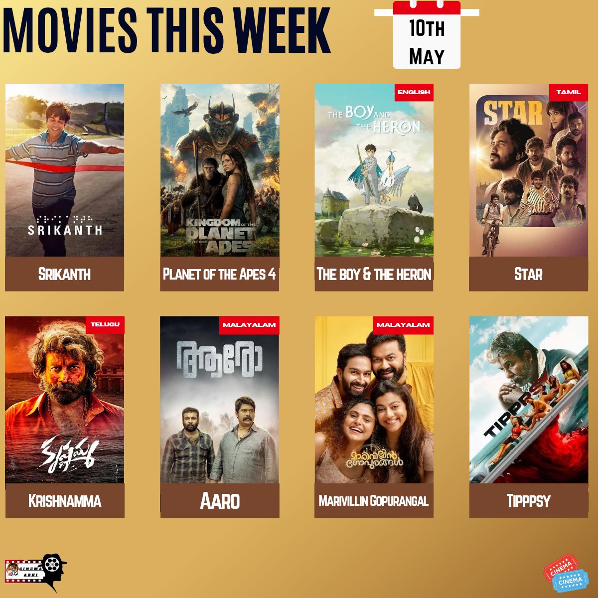 This Week Big theater releases 🤩

Bollywood
#Srikanth - Rajkummar Rao, Jyothika, AlayaF
#Tipppsy

Hollywood
#KingdomOfThePlanetOfTheApes - Hindi Too
#TheBoyAndTheHeron - English, Japanese

 Tamil
#STAR - Kavin

Telugu
#Krishnamma - Satyadev

Malayalam
#Aaro
#MarivillinGopurangal