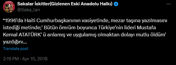 29- Sakalar İskitler(Gizlenen Eski Anadolu Halkı) Uydurma cahil herif adam hala hayatta :)) Haiti Devlet başkanı Bernard Artistide ölmedi, öyle bir mezar taşı da yok. Kemalistleri uçuk kaçık fantezileri gerçekten aşırı saçma. Canlı adama mezar taşı dikmek, kafaya bak :)…