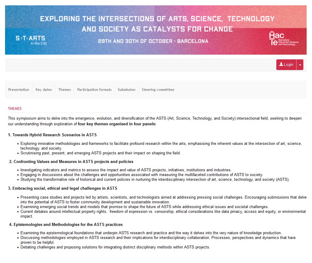 📢Call for papers: Exploring the intersections of Arts, Science, Technology and Society as catalysts for change ⏳Abstract: before June, 14 👬Conference by @HacTeBCN + @STARTSEU 📍@UOCuniversity (Barcelona) 🗓️29-30th oct 2024 📜 @ArtnodesUOC ℹ️ startsymposium.sciencesconf.org