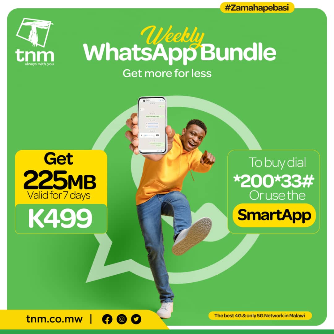 Stay connected and updated with a Weekly WhatsApp Bundle. Dial *200*33#, or use the TNM Smart App. 

#TNM
#Alwayswithyou
#WhatsAppBundle
#ZamahapeBasi