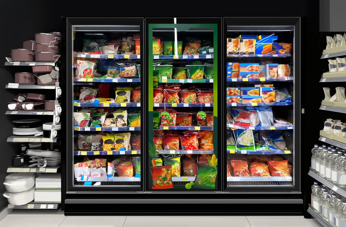 Fridge in supermarket 🥗🥦🥔🥕🌶 shutterstock.com/g/Hitra @Shutterstock #supermarket #market #shelf #shelves #grocery #design #store #shop #refrigerant #fridge #refrigerator #freezer #mockup