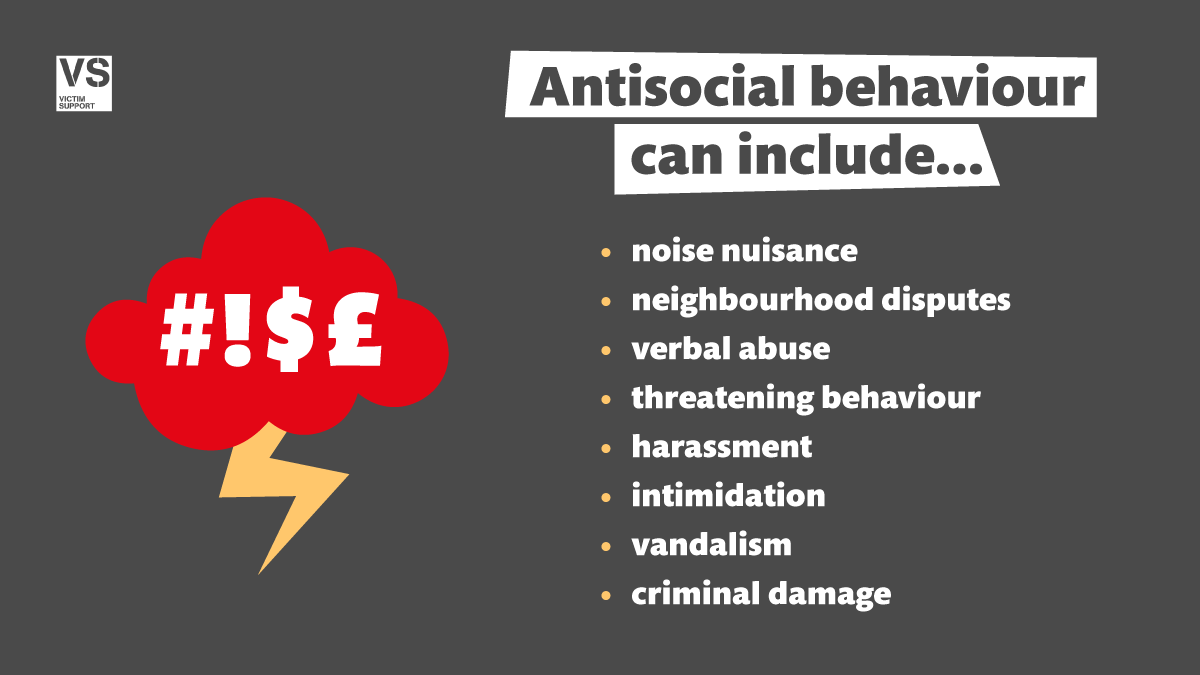 VS_WestYorks's tweet image. If you’re experiencing #AntisocialBehaviour (#ASB), you may want to find out who to report it to, and what to report.  My Support Space has tips on managing antisocial behaviour and looking after yourself.  Sign up for free: mysupportspace.org.uk/moj #HelpOnline #MySupportSpace