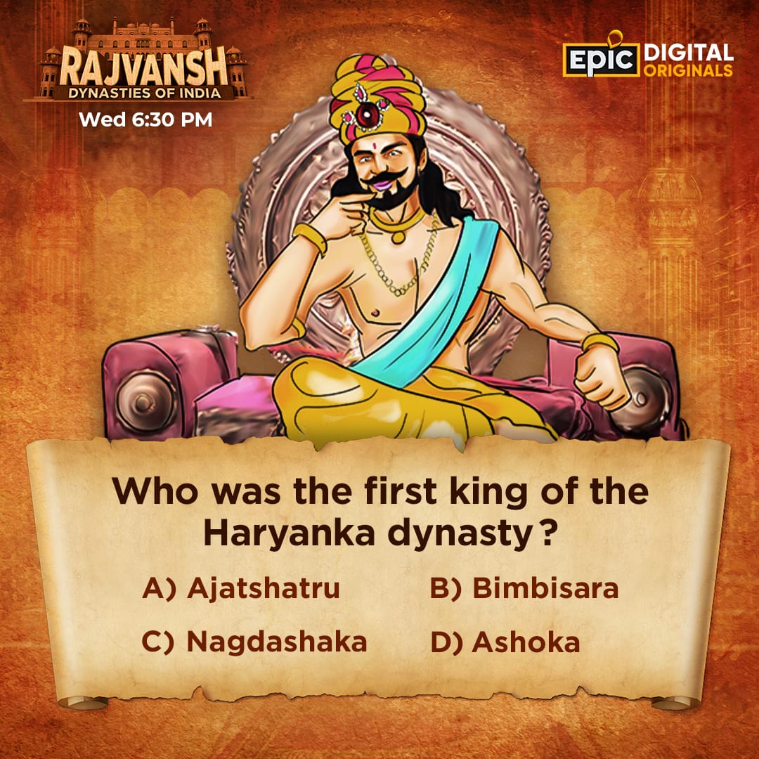 Hint: He took over the throne of Magadha at the age of 15 in 543 BCE. To watch Haryanka Dynasty’s EPIC history, watch Rajvansh - Dynasties Of India, Wednesday 6:30 PM, only on EPIC. #Magadha #Haryanka #Dynasty #EpicKeDus #Rajvansh #GuessWho #GuessTheKing #Epic [Guess, Do you