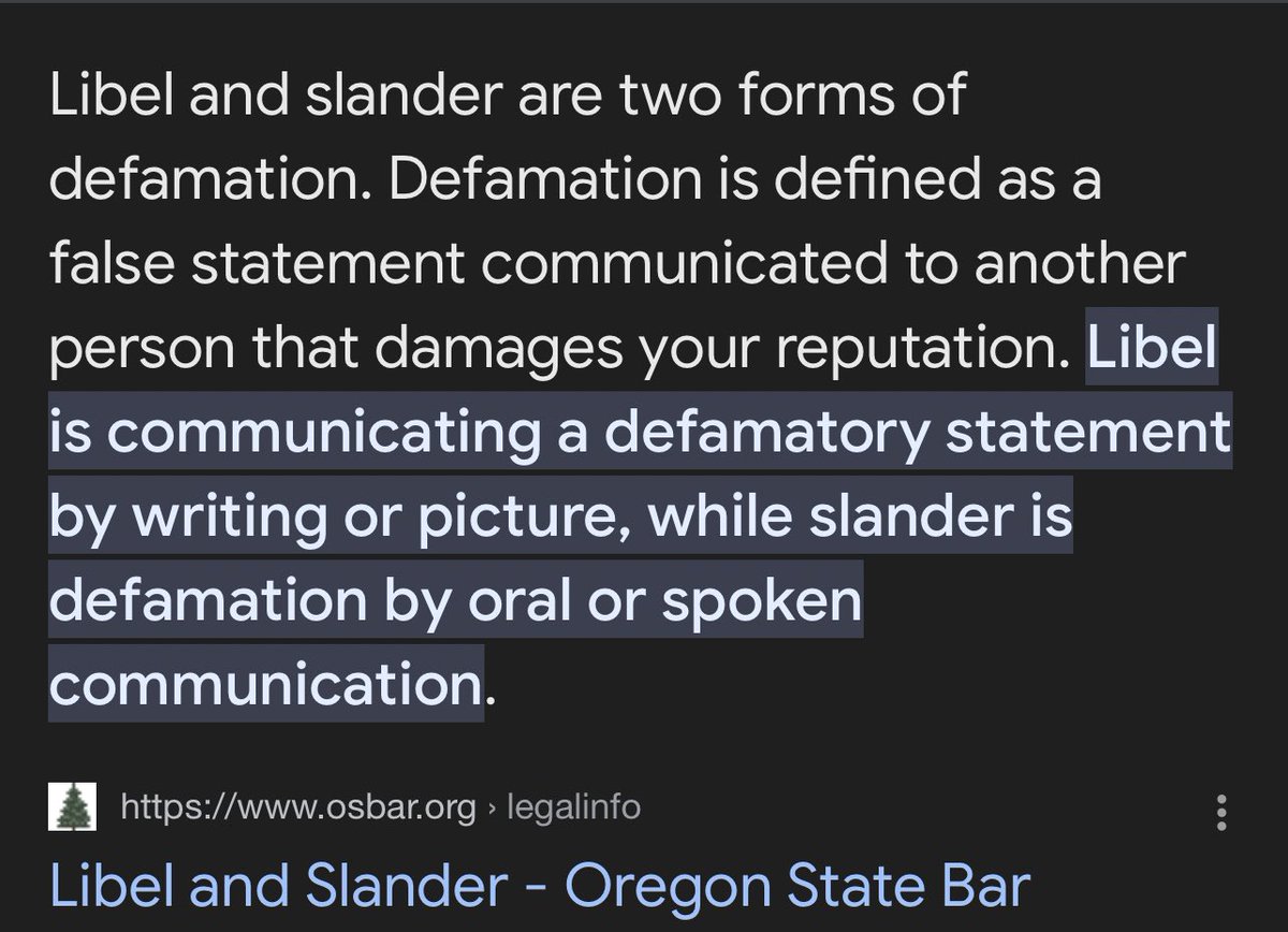 @ReadeAlexandra @krassenstein Enjoy. Your attorney will tell you: 1. Written is libel, slander is verbal. 2. To be libelous, it has to be both: a) Not true; and b) I know that it’s not true. You can pay your attorney $500 an hour to have them tell you this or you can look it up yourself online for free.