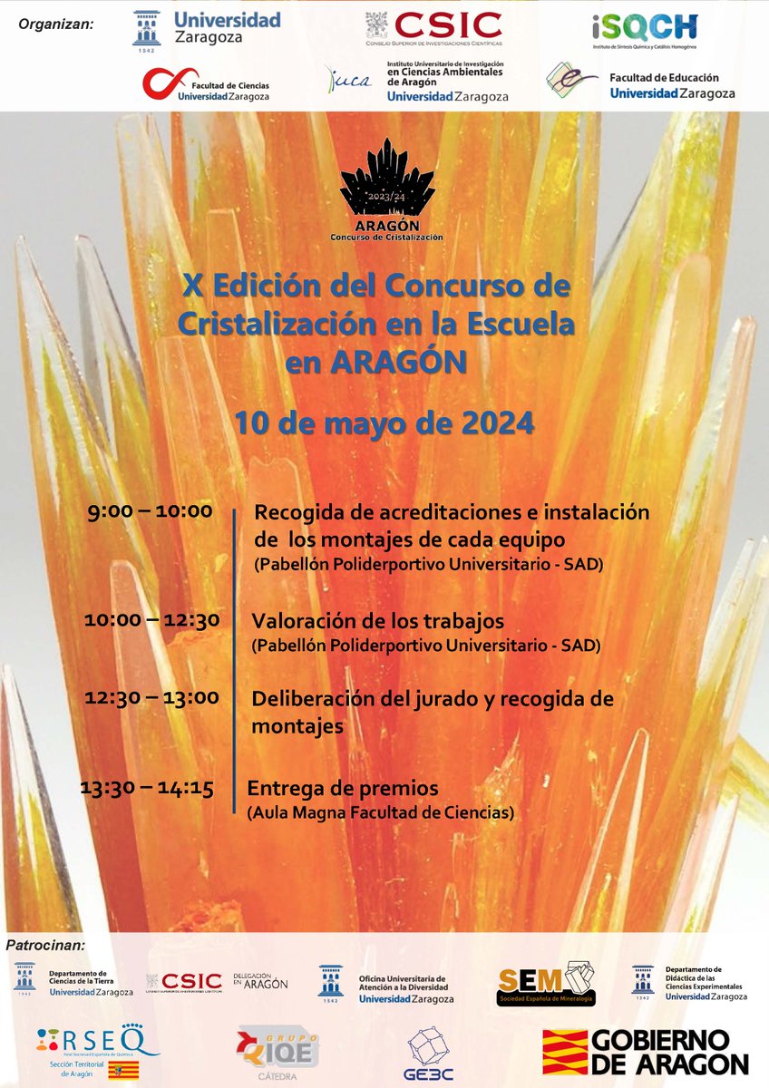 Este viernes celebraremos la Final del X Concurso de Cristalización en la Escuela de Aragón.  Te esperamos a partir de las 10 en el Pabellón Polideportivo de la
@unizar

Más información: acortar.link/bOru0H

@ISQCH @IUCAunizar @FacultadEducaUZ @GrupoBeagle