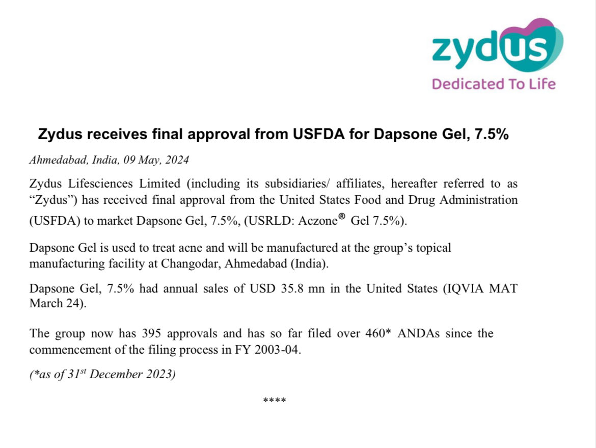 Zydus receives final approval from USFDA for Dapsone Gel, 7.5% ✅

#zyduslife #sabarisecurities