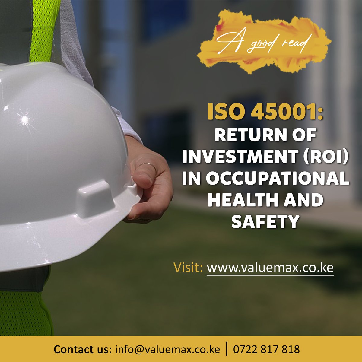 In workplace safety and employee well-being, ISO 45001 is a beacon of best practices. Enjoy this read as it brings insight into the ROI of investing in the HSE of the workforce.

Read more on this: valuemax.co.ke/2024/03/07/iso… 

#ISO45001 #OccupationalSafety #Valuemax #ISOStandards