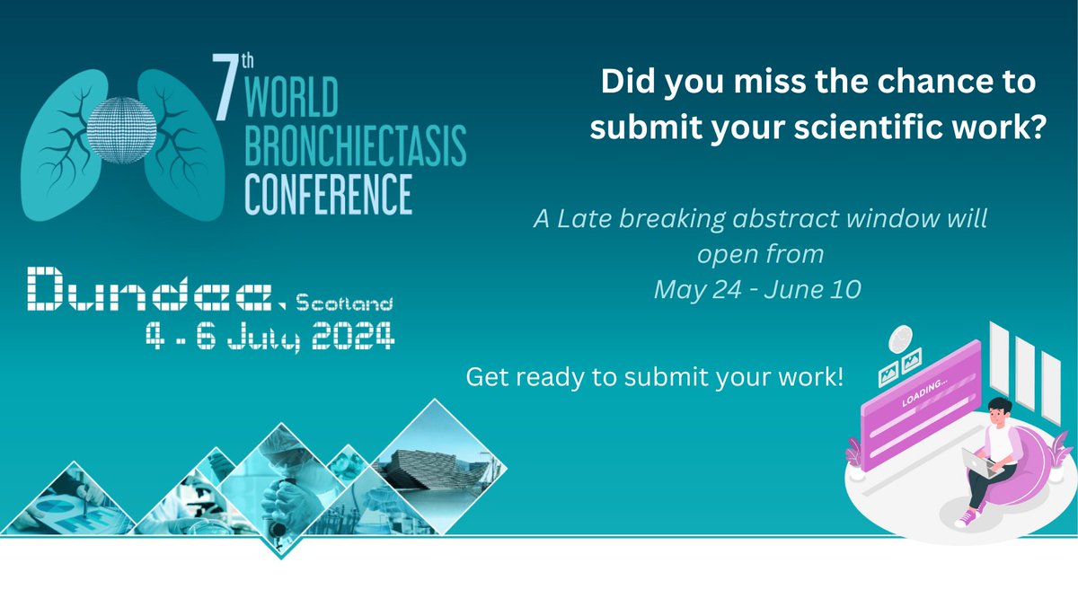 #WBConf24 ✨Exciting news! You still have a chance to submit your abstract 👀 Find out more – world-bronchiectasis-conference.org/2024/?page_id=… Register now ➡️ world-bronchiectasis-conference.org/2024/?page_id=… 📅 4-6 July 2024 🌍 Dundee, Scotland