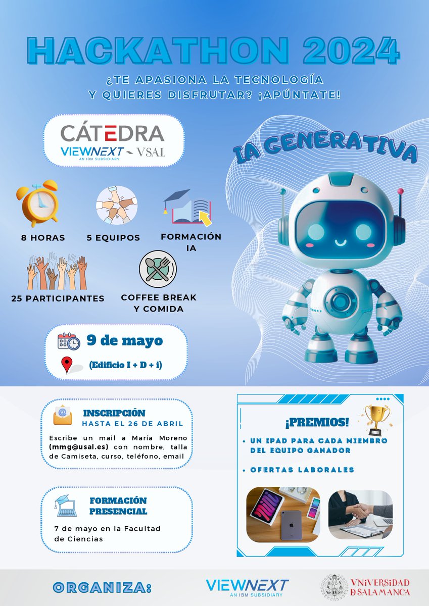 #9DeMayo | La Universidad de Salamanca y Viewnext organizan un hackathon sobre Inteligencia Artificial Generativa.

🕛12:00 horas
📍Vestíbulo del Edificio I+D+I

➡️saladeprensa.usal.es/node/137686
<a href="/viewnext/">Viewnext</a> <a href="/CatedraAgile/">Catedra Viewnext Universidad de Salamanca (USAL)</a>