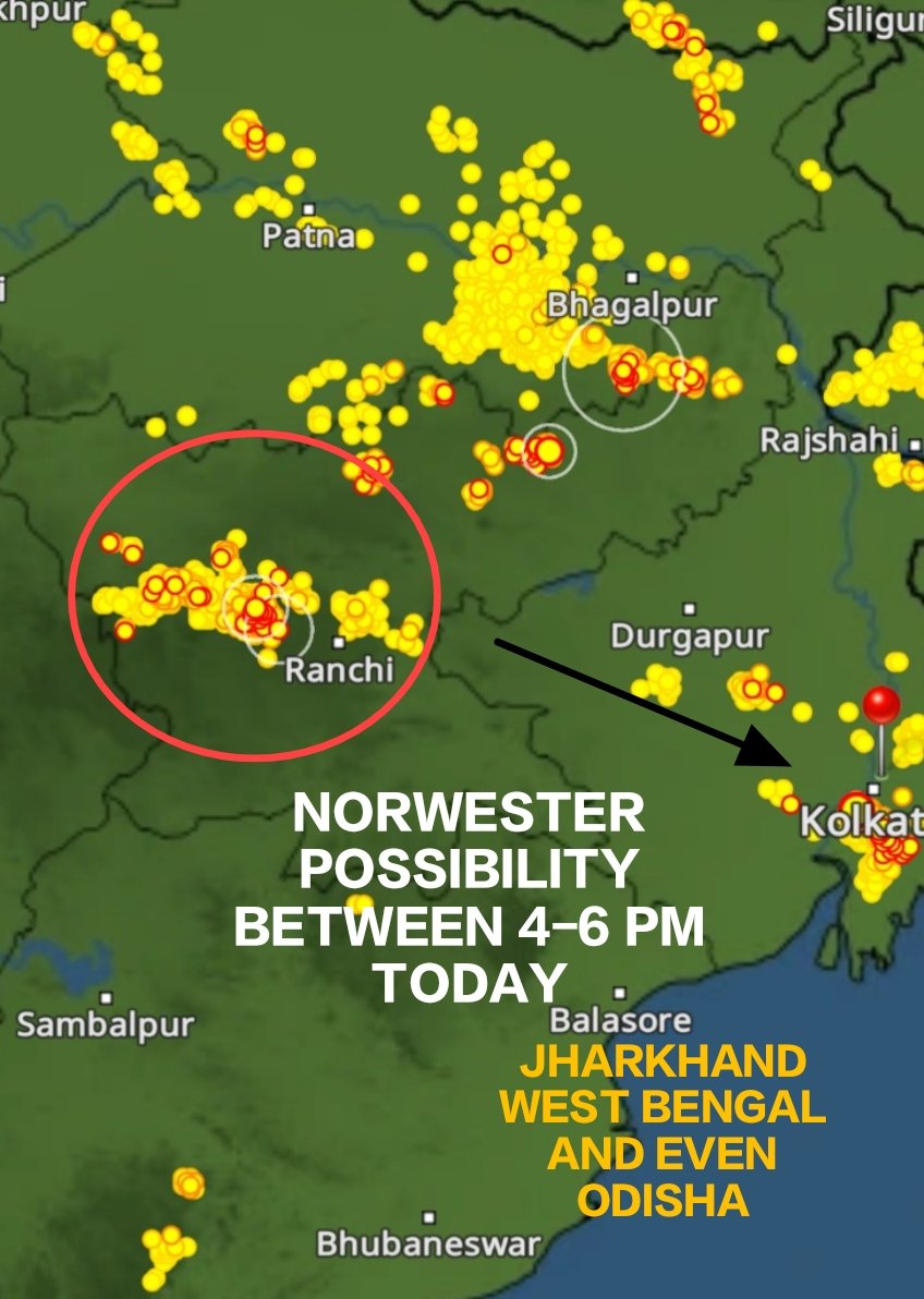 ⚠️🔴#Alert Today #Norwester Possibility Earlier Between 4-6 pm On Evening Norwester Due To Already Thundercloud Form Near Jharkhand For #Jharkhand #WestBengal Including #Kolkata And Even For #Odisha 

🟠 60 % Possibility