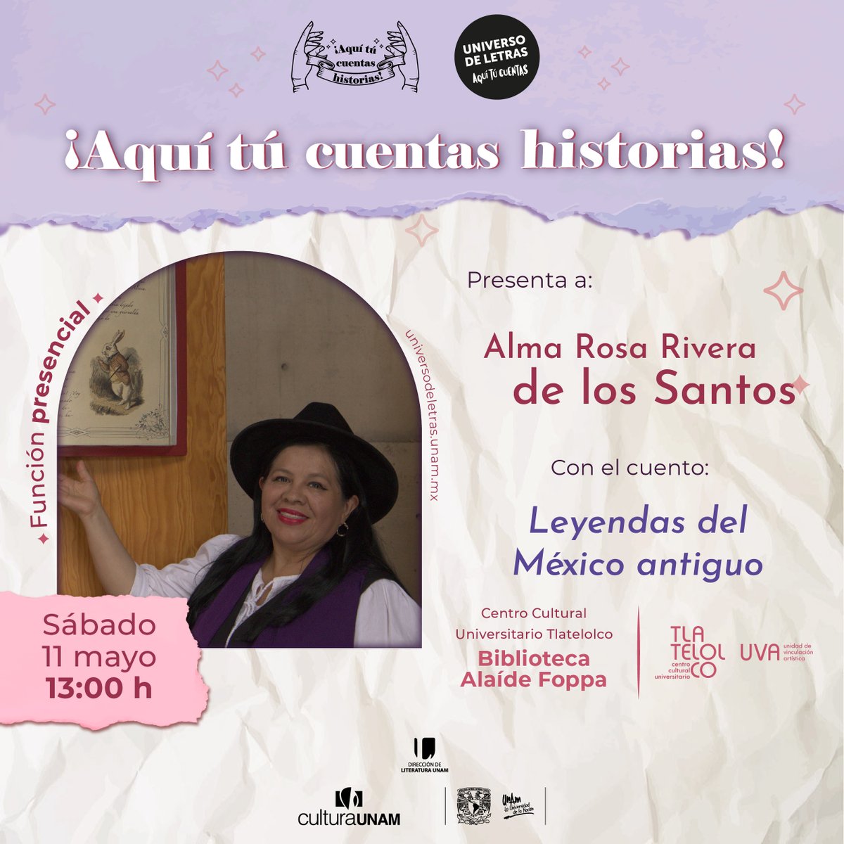 El sábado hay funciones de narración con Alma Rosa Rivera y Guita Cuentacuentos. #AquíTúCuentasHistorias 📍 Biblioteca Alaíde Foppa de @uva_ccut 📍Patio Central del @SanIldefonsoMx