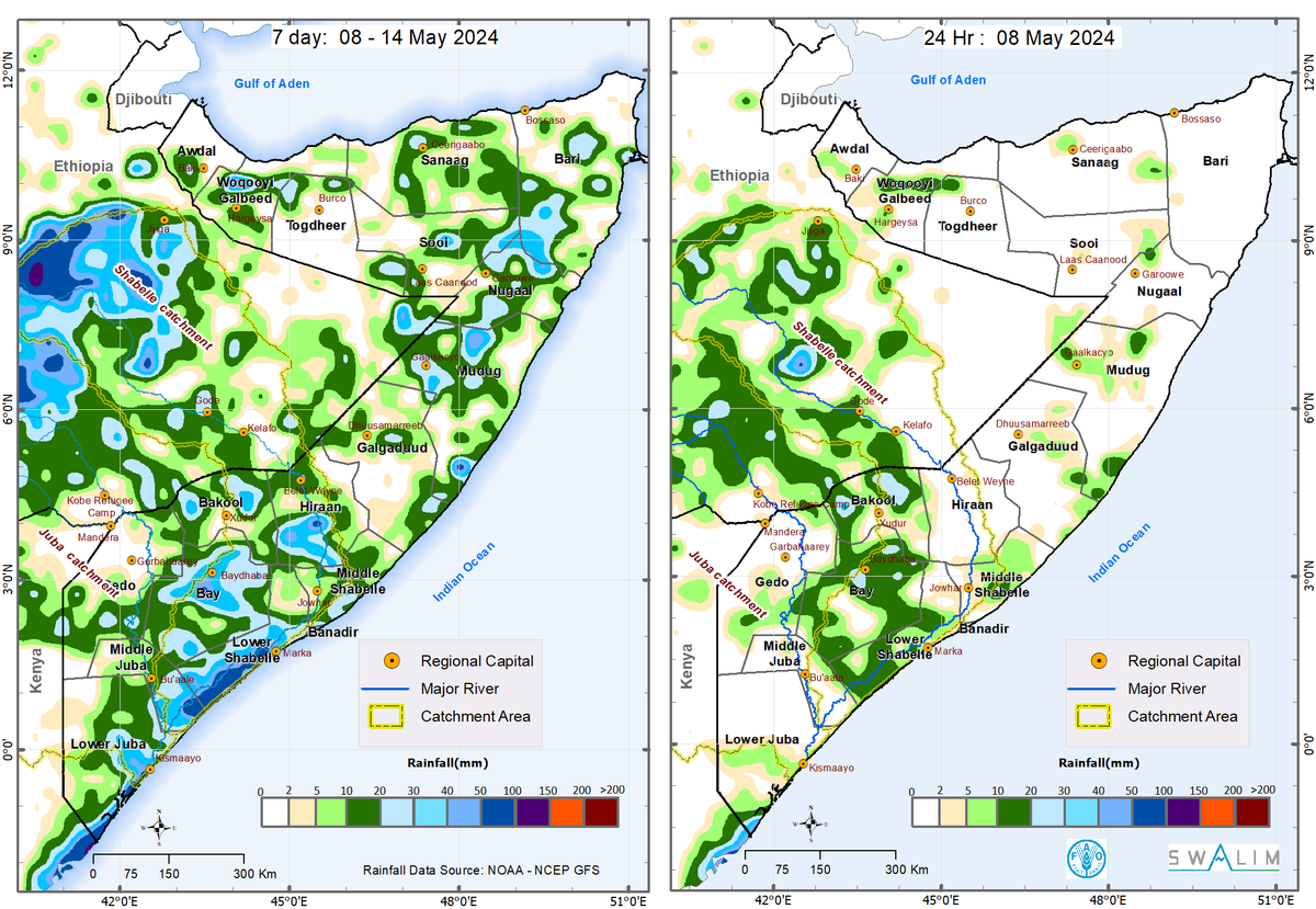 🌧️ @FAO SWALIM Rainfall Forecast 🌧️ 🔵 Light rains expected across most of Somalia. 🔵 High but decreasing riverine flooding risk at Belet Weyne. 🔵 Moderate but reducing riverine flooding risk at Doolow and Luuq More ➡️faoswalim.org/resources/site…