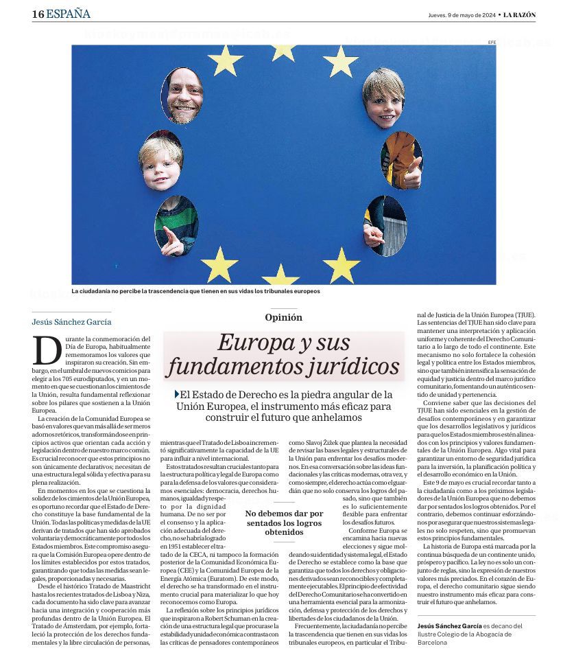 🔊 Amb motiu del #DiaEuropa, @larazon_es publica la tribuna del degà, @JesusFamilex, amb el títol 'Europa y sus fundamentos jurídicos'. 💬 'El derecho comunitario sigue siendo nuestro instrumento más eficaz para construir el futuro que anhelamos'. larazon.es/espana/europa-…