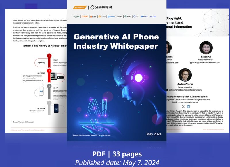 Our latest Industry Whitepaper on Generative AI delves into the ecosystem of generative AI phones, discussing the AI strategies of various stakeholders Jointly released by @CounterPointTR and @MediaTek along with other partners counterpointresearch.com/insights/white…