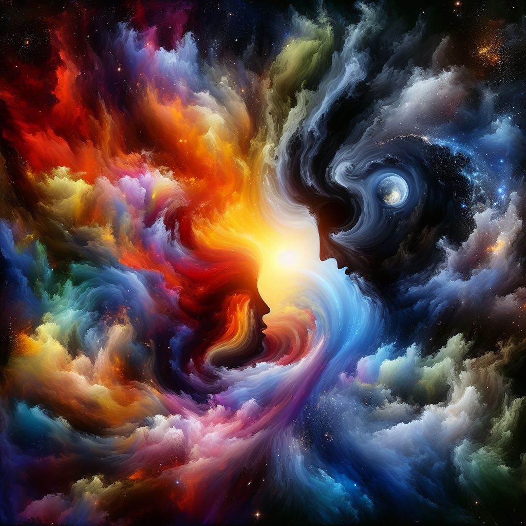 Behold an abstract portrayal of the eternal struggle between good and evil. Light and darkness clash in a vibrant explosion of color, where ethereal forms battle for supremacy. A visual metaphor for the timeless conflict that rages within and around us. #AbstractArt #GoodVsEvil