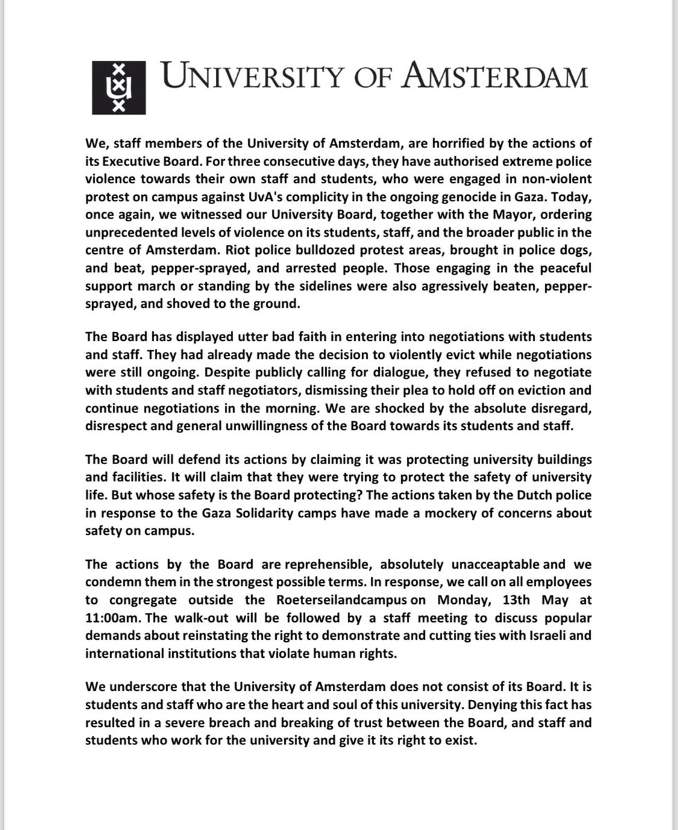 Statement from UvA staff concerning @UvA_Amsterdam Executive Board’s responses to the Gaza Solidarity camps… ALT text in following tweets