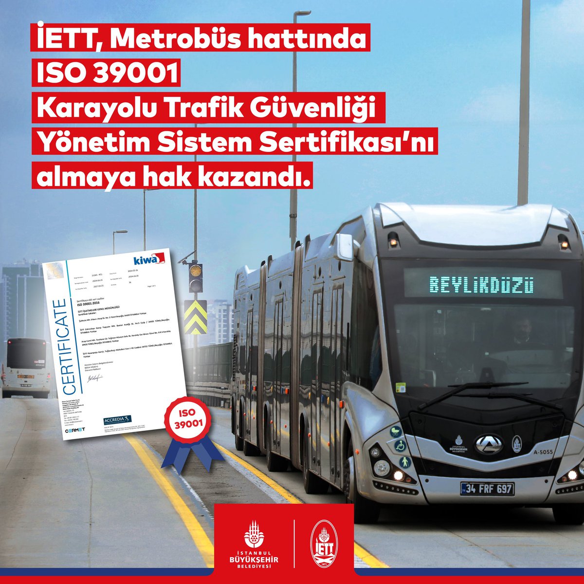 Her gün milyonlarca İstanbulluya hizmet veren ve İstanbul’un en önemli toplu ulaşım ağlarından olan Metrobüs Sistemimiz, uluslararası ISO 39001 Yol Trafik Güvenliği Yönetim Sistemi Belgesi’ni bünyesine kattı. Dünyada 37 ülke ve 94 farklı şehirde kullanılan Metrobüs Sistemleri…