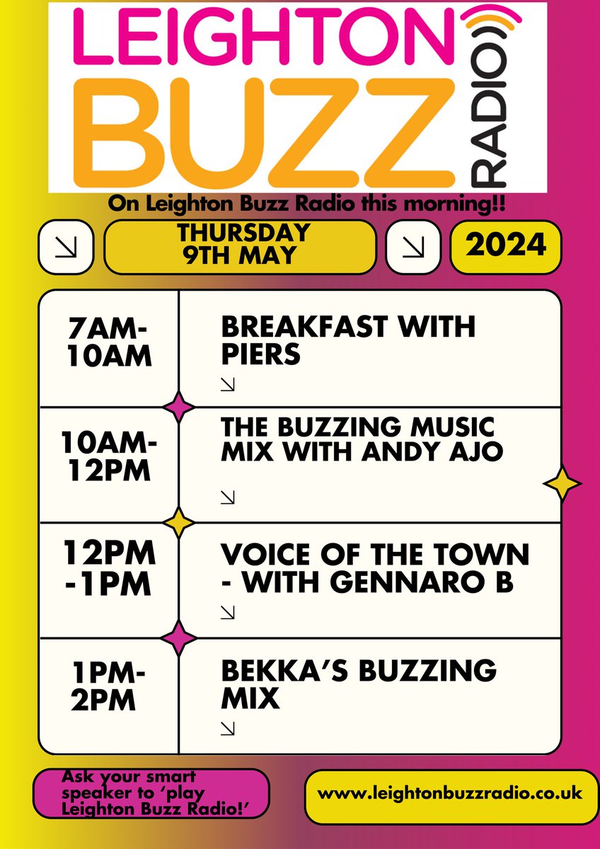 The weekend is edging ever closer! 🤩 some great shows on Leighton Buzz Radio this morning. Do join Andy, Genarro & Bekka if you can. 

👂 Listen online: leightonbuzzradio.co.uk
👂 Tune in on your Internet Radio
👂 Download the free App and stream via Bluetooth! #LeightonBuzzard