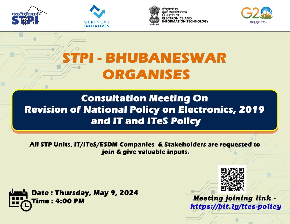STPI Bhubaneswar is organising a 'Consultation Meeting on the Revision of 'National Policy on Electronics-2019, and IT & ITeS Policy'. STP Units, IT/ITeS/ESDM Companies & Stakeholders are requested to join and give valuable inputs. @StpiIndia @Arvindtw
