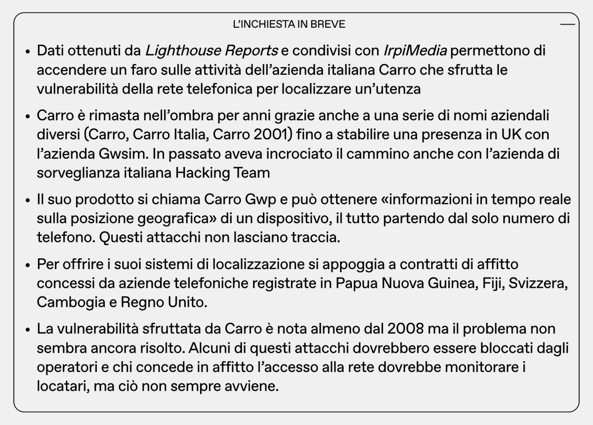 Da almeno dieci anni, Carro SRL, un’azienda che opera in più Paesi ma che ha le sue origini in 🇮🇹, offre un particolare servizio di geolocalizzazione per il quale occorre conoscere solamente il numero di telefono del target. Inchiesta di @IrpiMedia irpimedia.irpi.eu/setelefonando-…