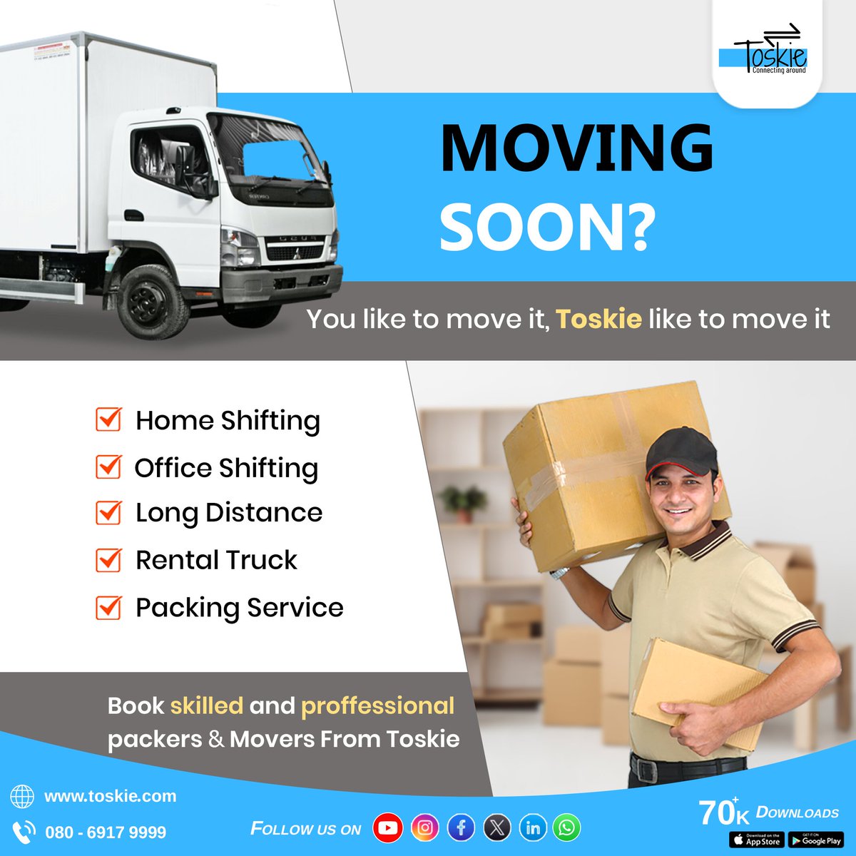 🚛 Are you Planning a relocation? Contact Toskie for a stress-free moving experience. Our skilled packers and movers team will handle all aspects of your move, ensuring a smooth transition to your new location. 🚚

✆: 080 6917 9999

#PackersAndMovers #Toskie #ConnectWithToskie