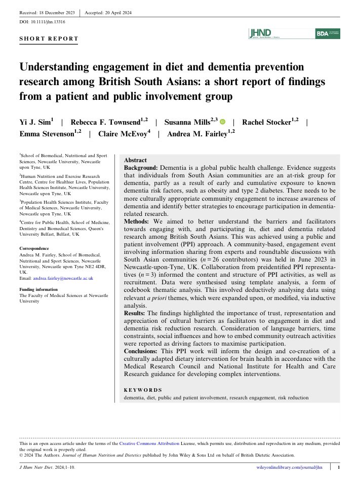 New publication📢 Our report in @JHND_Official discusses PPI activities with South Asian communities in NE England. Together we explored how to ⬆️ engagement in diet & dementia prevention research. This has informed follow on projects - stay tuned! 👉🏼doi.org/10.1111/jhn.13…