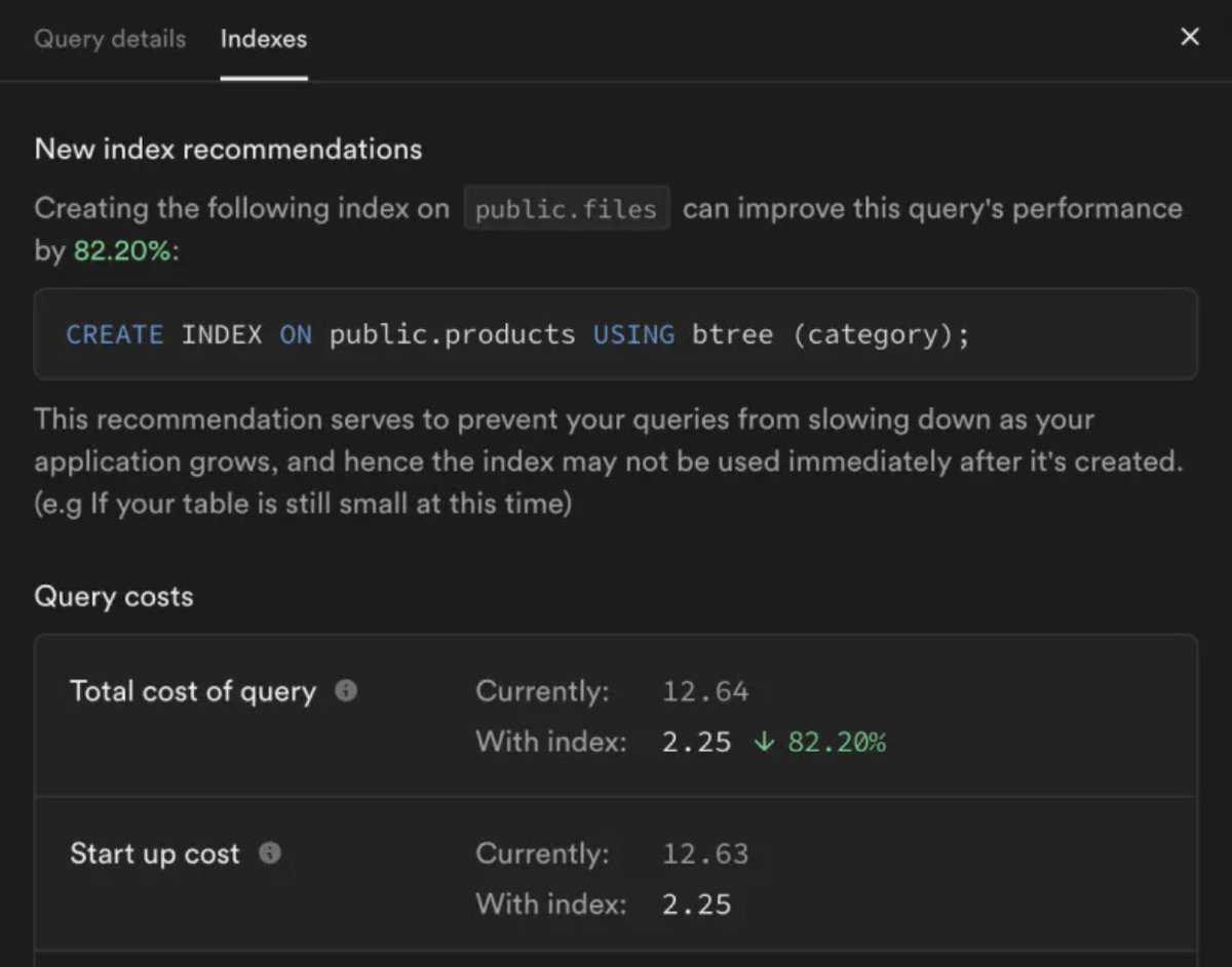 We shipped a Postgres extension for recommending indexes to improve query performance 📈 supabase.com/docs/guides/da…
