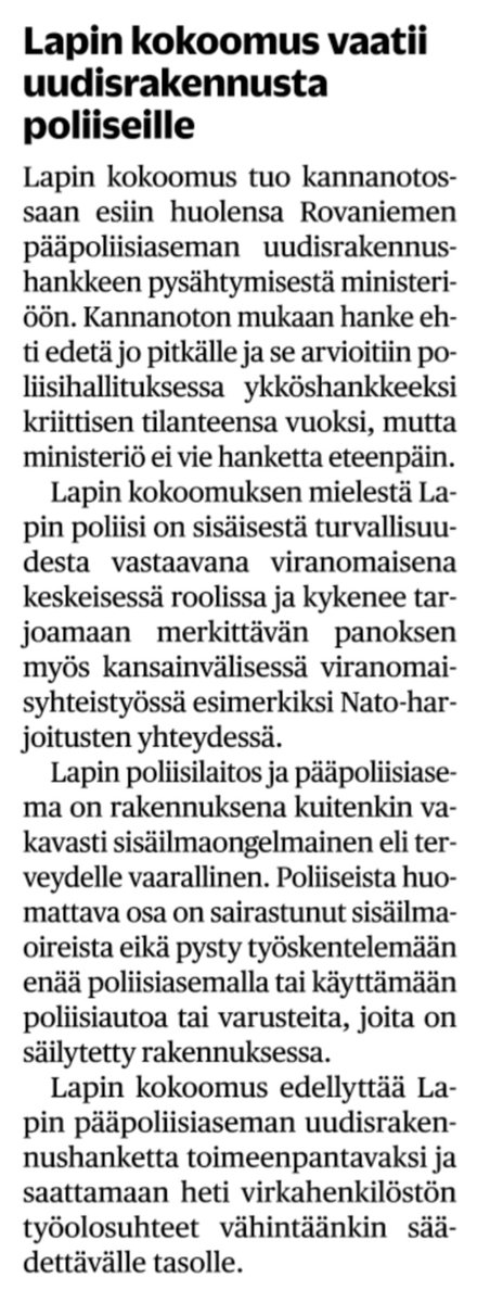Olisipa meillä maassa sellainen hallituspohja, joka ei laittaisi kapuloita rattaisiin tälle täysin välttämättömälle hankkeelle.

#poliisi
#hallitus
#politiikka
#terveys
#turvallisuus

Paikallislehti Uusi Rovaniemi 8.5.2024👇