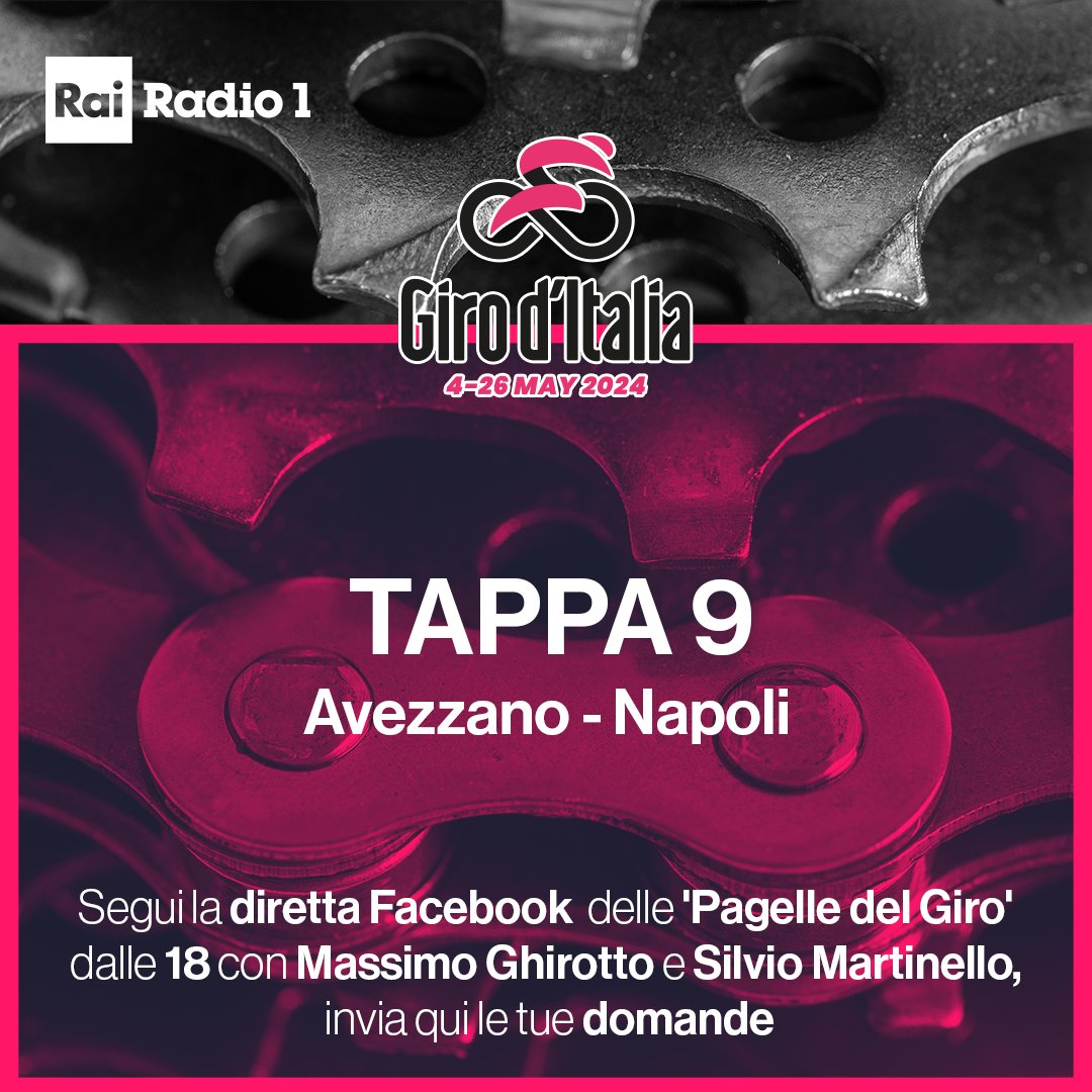 ⬆️⬇️🚴Top e flop del giorno. Segui in diretta su Facebook dalle 18 le #PagelledelGiro  con @GhirottoMax e @s_martinello della nona tappa #Avezzano - #Napoli e scrivi le tue domande nei commenti.

#Giro #giroditalia #RaiGiro #radio1