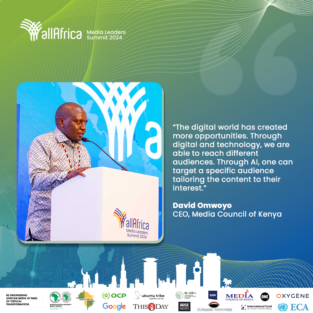 @DavidOmwoyo , CEO of the Media Council of Kenya, highlighted the vast opportunities brought forth by the digital world and technology. 

#MediaForChange #AllAfricaMediaSummit2024