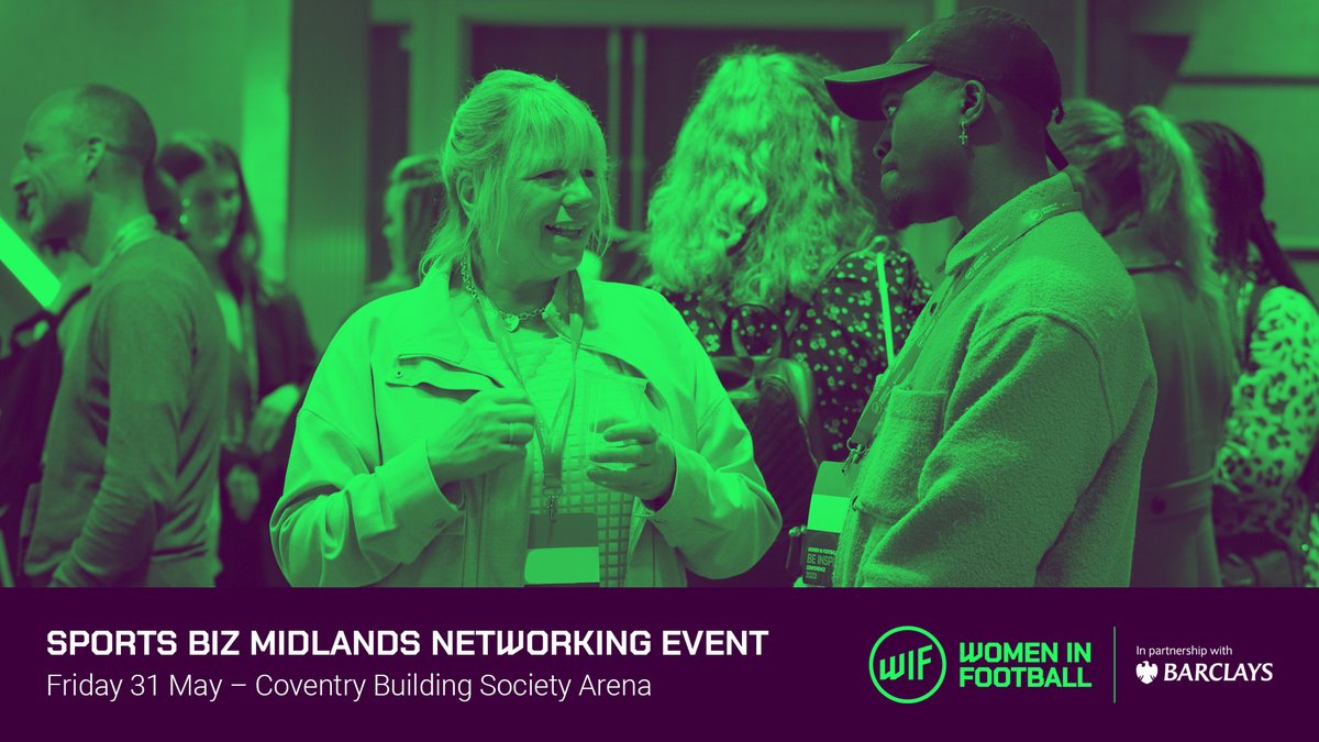 Based in central England and work in sport? Join us on 31 May for a drink and a chat with other members! The event takes place at the Coventry Building Society Arena courtesy of Sports Biz Midlands in partnership with #WomeninFootball 🤝 Register ➡️ buytickets.at/womeninfootbal…