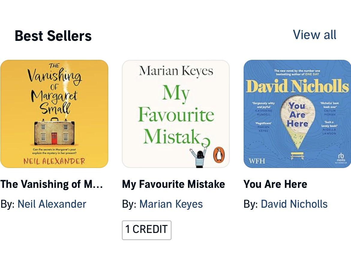Still #1 in the whole audible chart and I’m ITCHING to use my monthly credit on the new Marian Keyes, who I love. Am hovering over that purchase button though, just for a wee while, until Margaret has stepped down from her podium to make way for The Queen ☘️