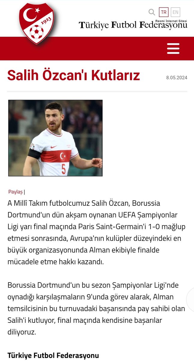 Şampiyonlar Ligi'nde finale yükselen Dortmund'da forma giyen Salih Özcan'ı tebrik eden TFF, Real Madrid'le finale yükselen Arda Güler'i es geçti.

Tarihin gördüğü en rezil federasyonsunuz @TFF_Org