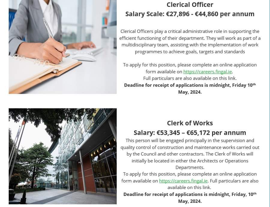 Job Opportunities Fingal County Council Leeical Officer and Clerk of Works Clerical Officer Salary Scale: €27,896 - €44,860 per annum Clerical Officers play a critical administrative role in supporting the efficient functioning of their department. They will work as part of a…