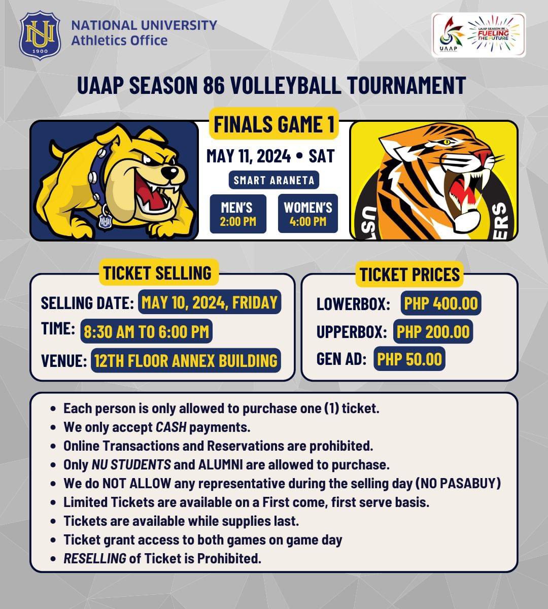 TICKET UPDATE ‼️

Please refer to the guidelines for ticket purchasing as released by the Athletics Office.

#GoBulldogs #NULetsGo #UAAPSeason86
