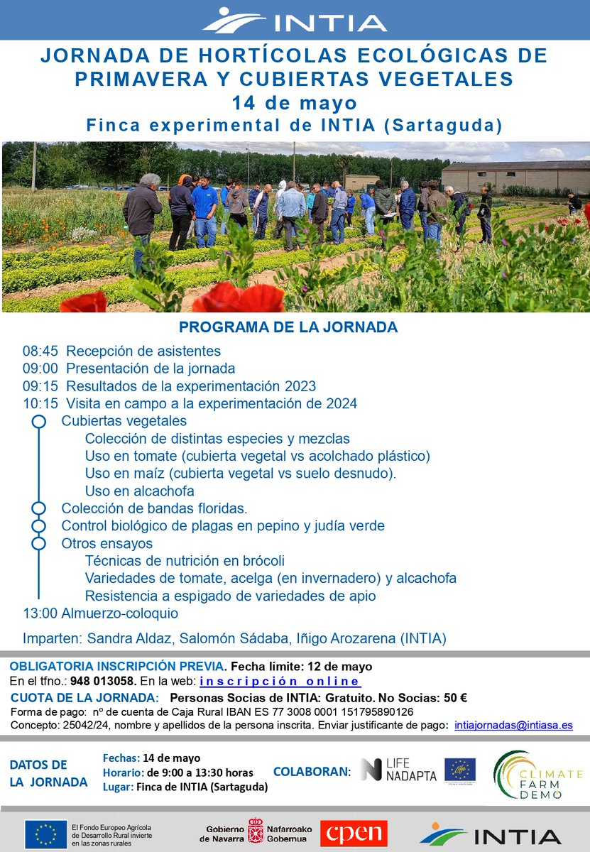 Este martes 14, daremos a conocer diferentes técnicas innovadoras en producción #ecológica de #hortícolas.

📍Sartaguda
🕙9:00 - 13:00 h
🗓️14 de mayo

Cubiertas vegetales, roller-crimper, bandas floridas, rotaciones de cultivo, ensayos de hortícolas,...

➡️intiasa.es/web/es/eventos…