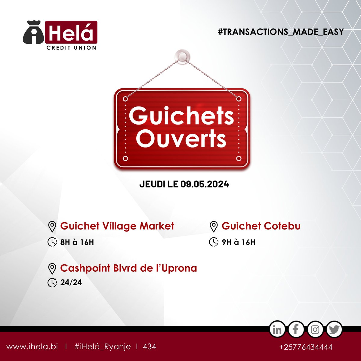 Bonne fête de l'Ascension. 

Nous restons à votre service grâce aux guichets ouverts à Bujumbura. 

Profitez de l'application iHela Ryanje et faites vos transactions où que vous soyez. 

#IhelaRyanje 
#CashlessSociety 
#TransactionsMadeEasy 
#MobileMoney 
#IhelaMerchantServices