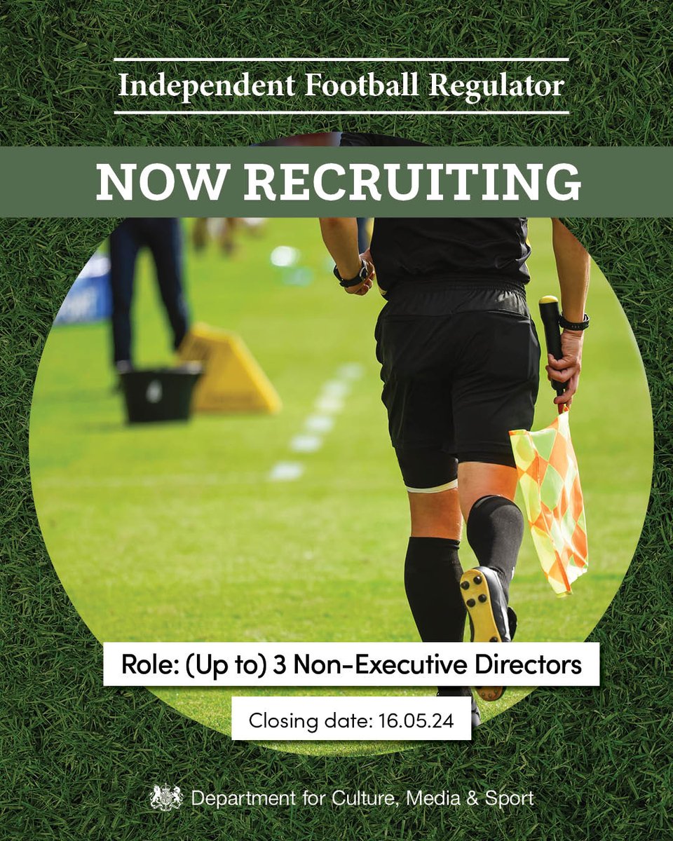 Football is at the heart of our sporting culture - help keep it sustainable The Independent Football Regulator is recruiting 3 Non-Executive Directors Find out about the role and apply before 16 May ▶️ …for-public-appointment.service.gov.uk/roles/8143/
