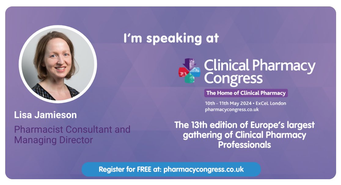 I'm looking forward to speaking at Clinical Pharmacy Congress this week on Friday 10th May at 2.30pm in the Clinical Theatre. My talk this year is called 'Deprescribing: case studies'. 
If you are there tomorrow, come and say hello!
#CPCongress #pharmacy #ClinicalPharmacy